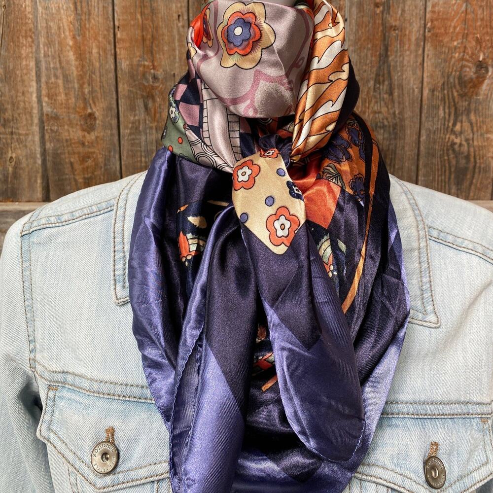 Blue Orange Printed Western Southwestern Wild Rag Scarf Accent